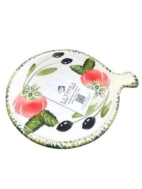Hand Painted Ceramic Tomato & Olive Trivet NWT Rustic Pot Rest Made In Italy
